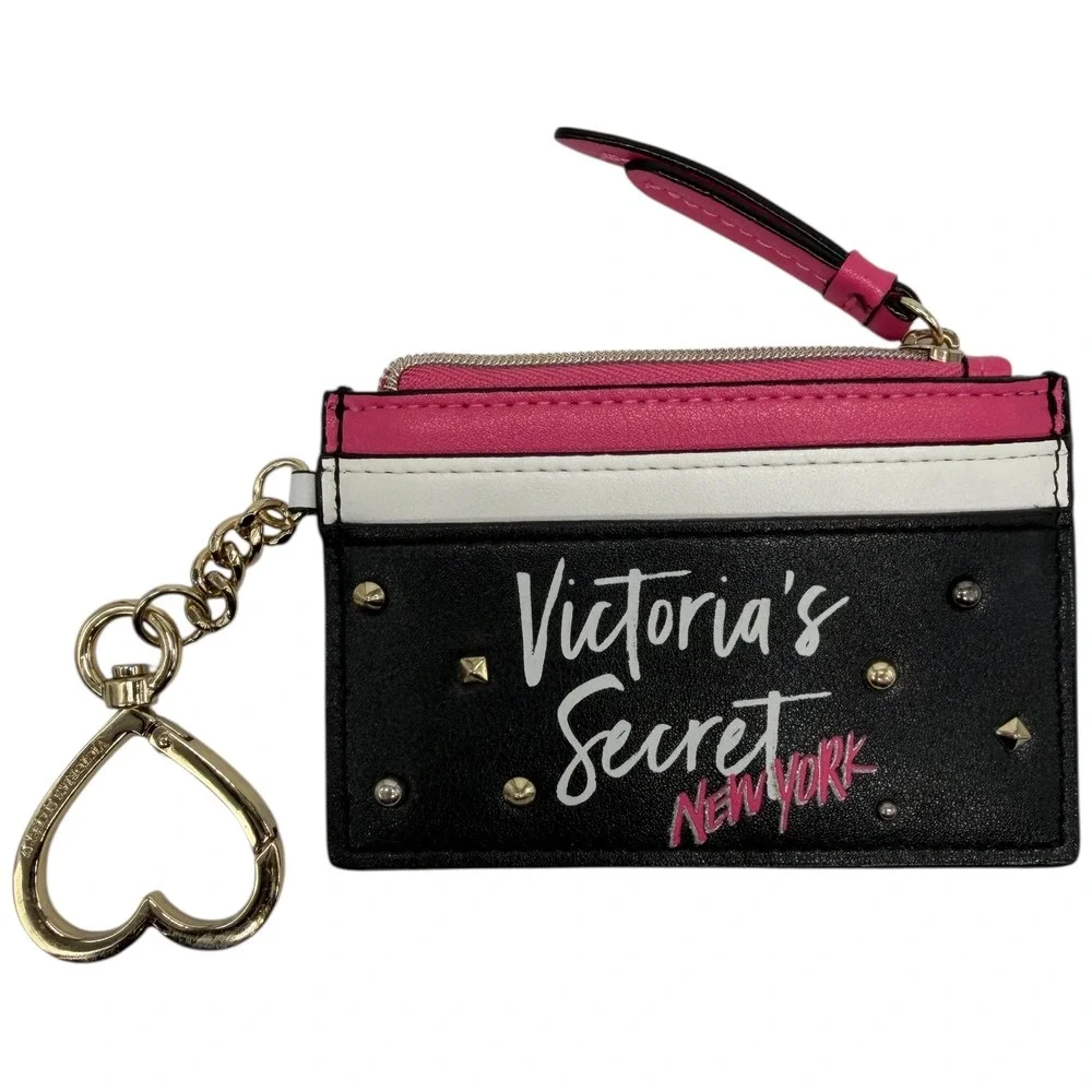 Victoria's Secret New York Card Case Keychain Studded Zip Wallet Black Pink